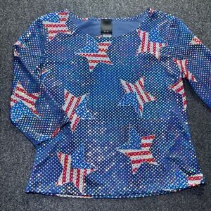 J.T.B. Sparkle Star Top Womens Medium Blue Excellent Patriotic USA 3/4 Sleeve